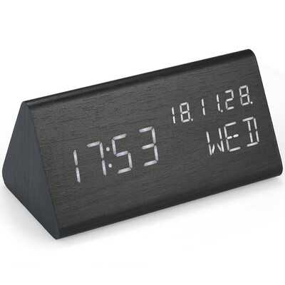 

Triangular Wooden LED Digital Sound Control Alarm Clock USBBattery Powered Dimmer Thermometer Clock with 3 Alarms Weekday Alarm--