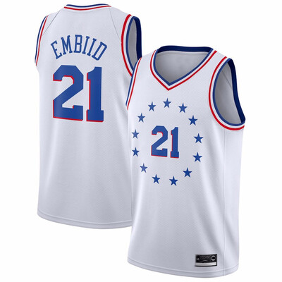 

2019 New Mens Philadelphia 76ers 21 Joel Embiid Red White Gray Blue Basketball Jersey Size -XXL