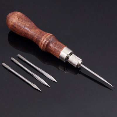 

4 in 1 Diamond Shape Awl for Leather Craft&ShoesDIY Leather Hand Tool Stitcher Crochet Line for Leathercraft Wood Handle 4