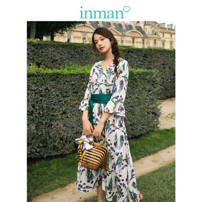 

INMAN 2019 spring new V-neck retro floral art holiday wind thin loose A-line dress long skirt female 1891104545 meters white