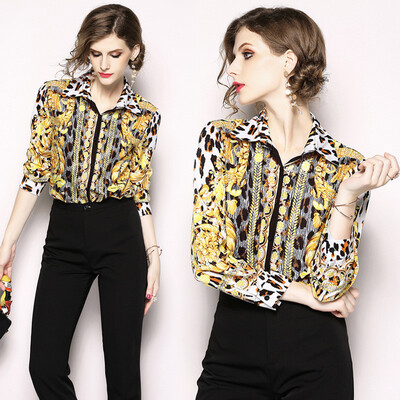 

DFYOP New European Womens Shirts Leopard Prints Long Sleeves