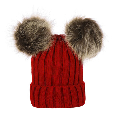 

Winter Warm Women Knitted Crochet Wool Hat Double Hair Ball Earmuffs Caps Infant Toddler Kid Cute Hairball Beanie Cap