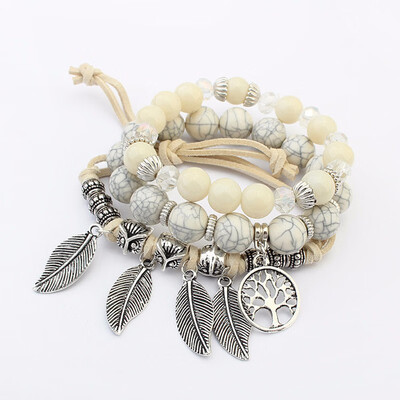 

Tree of Life&Leaves Pendant Ethnic Elastic Marble Beads Bracelets Leather Rope Boho Statement Bangles Women Jewelry