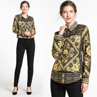

L XL XXL vintage new spring 2019 women blouse shirt long sleeve black gold digital print office top lady