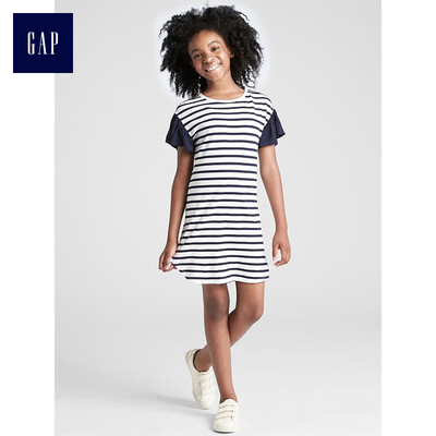 

GAP flagship store girls striped ruffled T-shirt dress 336816 navy blue&white stripes XS