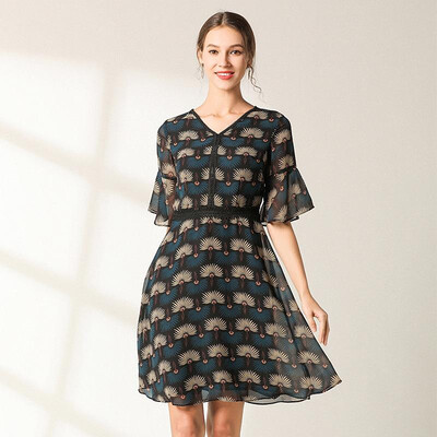 

L XL XXL 3XL 4XL 5XL plus size elegant new summer 2019 women midi chiffon dress short sleeve big size green print A line V neck