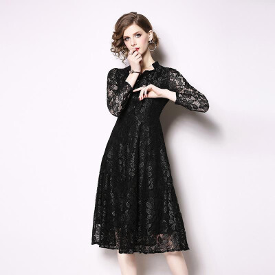 

M L XL XXL 3XL elegant new spring 2019 lace midi dress women long sleeve black blue flower vintage V neck A line lady