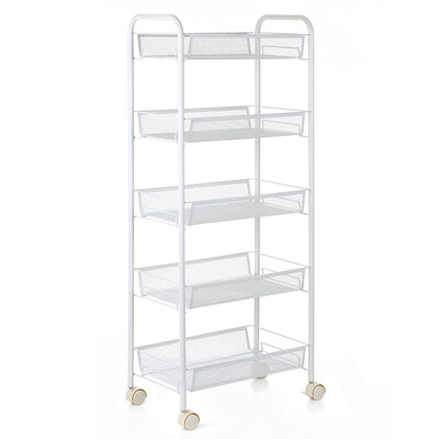 

Multi-Purpose 5-Tier Mesh Wire Rolling Cart Storage Trolley Organizer for Kitchen Pantry Bedroom Bathroom Living Room--White