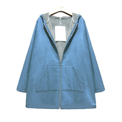 

Large size womens loose hooded solid color denim jacket women plus velvet thickening