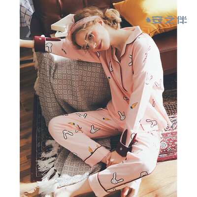 

Anzhi with pajamas women spring&summer cotton long-sleeved cartoon rabbit sweet loose girl cardigan air-conditioned room home service 83K7287 pink