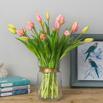 

Factory direct Yiwu simulation bouquet wholesale hand tied tulip shopping mall window decoration fake flower wedding potted red