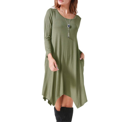 

Women Round Neck Long Sleeve Dress Medium Long Irregular Dress Irregular Hem Casual Dress