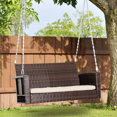 

2-Person Outdoor Wicker Hanging Porch Swing Bench with Cushion