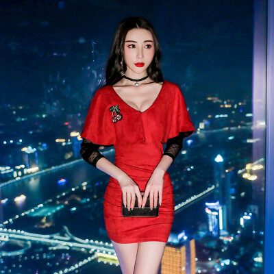 

Dress autumn&winter 201 new women&39s nightclub sexy v-neck ruffled thin velvet bag hip skirt