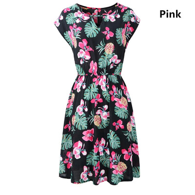 

Cotton printed round neck short sleeve elastic waist casual dress