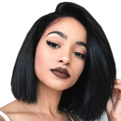 

150Density Human Hair Short Yaki Bob Lace Front Wigs for women 1B Black Side Part Brazilian Short Bob Lace Wigs 8A