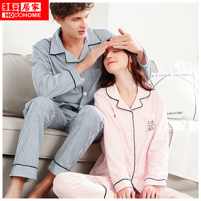 

Red bean home 2019 spring&summer new couple pajamas mens cotton long-sleeved lapel cardigan cartoon striped home service suit 137 blue 17596A