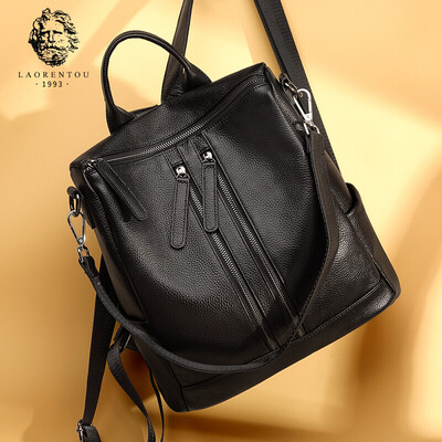 

Old man head LAORENTOU backpack female cowhide shoulder bag female Korean version of leisure travel large-capacity school bag college wind college students JD90110001L1A black