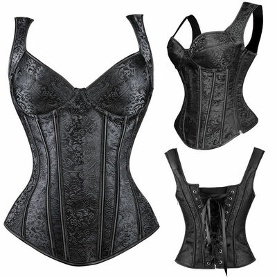 

SLIMBELLE Plus Size Black Steampunk Waist Training Corset Bustier Overbust Top Jacquard Vest Black