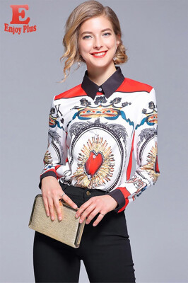 

L XL XXL office new autumn 2018 women blouse shirt long sleeve white&red vintage print lady top