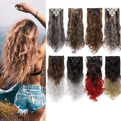 

17" Curly 8 Pcs Full Head Clip in Hair Extensions Synthetic 8 Piece 18 Clips Hairpiece Long Wave Trendy Design for Women