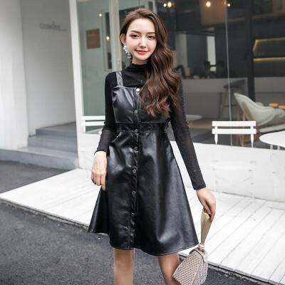 

JOY OF JOY Jingdong Womens 2019 Spring New Mesh Perspective Bottoming Shirt Top PU Leather Sling Dress Two-piece Set JWQZ191555 Black M