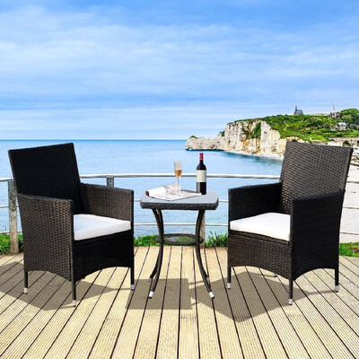 

3 Piece Rattan Outdoor Cushioned Bistro Table&Chairs Set - Black
