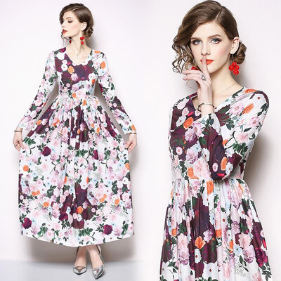 

M L XL XXL elegant new spring 2019 long maxi dress women long sleeve flower print slim A line ankle length lady
