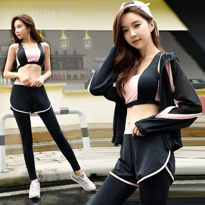 

Colorful 2019 new yoga clothing suit spring breathable&quick-drying running clothes four-piece loose thin womens fitness sportswear pink black XL