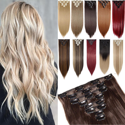 

17" Straight 8 Pcs Full Head Clip in Hair Extensions Synthetic 8 Piece 18 Clips Hairpiece Long Straight Trendy Design for Women