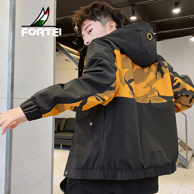 

Fu Yi FORTEI jacket mens 2019 spring new fashion slim hooded color trend windproof simple jacket male 9007 black insert yellow