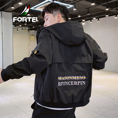 

Fuyi FORTEI jacket mens 2019 spring new slim stitching hooded solid color fashion trend coat jacket male 9033 black 4XL