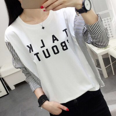 

Long Yue womens long-sleeved T-shirt female 2019 spring new Korean version of the loose stitching shirt shirt student shirt LWTC191357 white