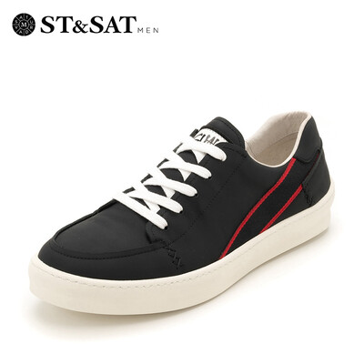 

Saturday Mens Shoes ST&SAT Cow Leather Light Breathable Sports Casual Running Korean Hip Hop Joker White Shoes SS83123222 Black 40