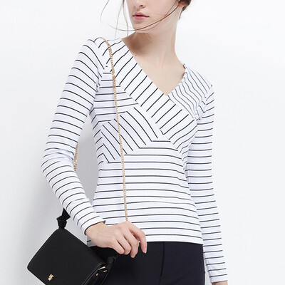 

CANVAUS 2018 Spring New Modal V-Neck Slim Striped Long Sleeve T Shirt Women T-Shrits FS92A