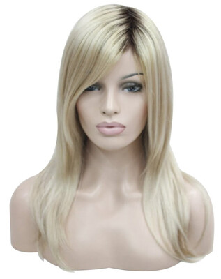 

StrongBeauty Long Straight Blonde with Dark Roots Side Swept Bangs Synthetic Wig