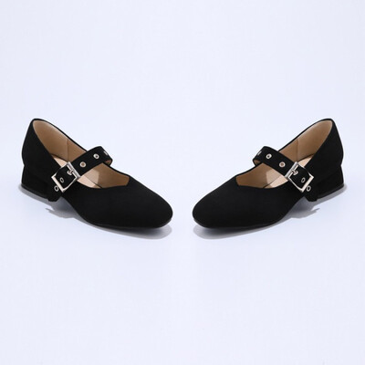 

IDIFU Womens Fashion Faux Suede Square Toe Buckle Strap Low Block Heel Mary Jane Pumps Shoes