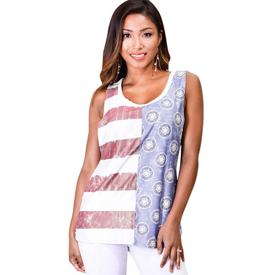 

U Neck Striped&Star Print Tank Top