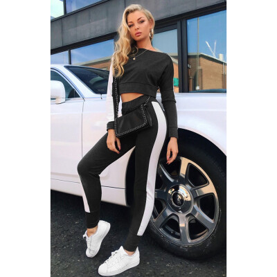 

Sexy Women Two Piece Tracksuit Off the Shoulder Striped Long Sleeve Boat Neck Sweatshirt Slim Pants Sportswear