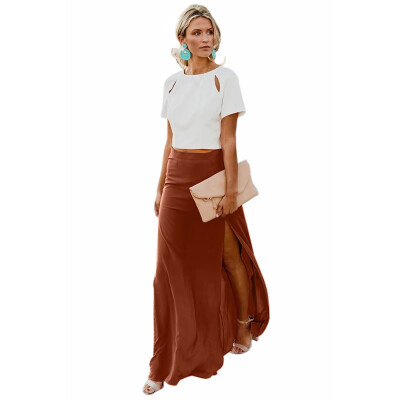 

Solid color holiday split long skirt womens autumn fall asymmetrical skirt 65171