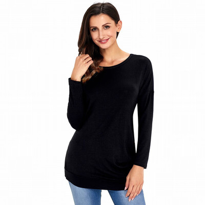 

Double shoulder round long sleeve side button solid color casual straight top