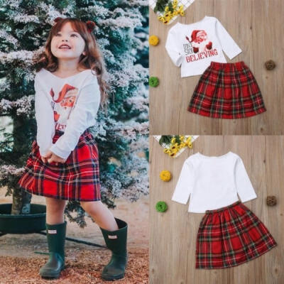 

2PCS Toddler Baby Girl Xmas Outfits Clothes Tops ShirtPlaid Dress Set