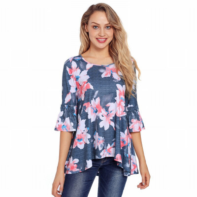 

Round neck cropped sleeve bohemian print loose tops womens