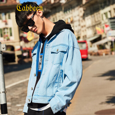 

Carbine mens 2018 autumn lapel denim jacket youth loose printing port wind bf shirt jacket H beige 12 54185XXL