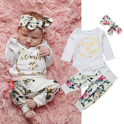 

3Pcs Infant Baby Girl Floral Clothes Jumpsuit Romper Bodysuit Pants Headband Outfit