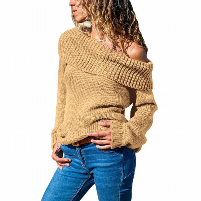 

Pullover bottoming shirt womens lapel slant shoulder long sleeve knit sweater