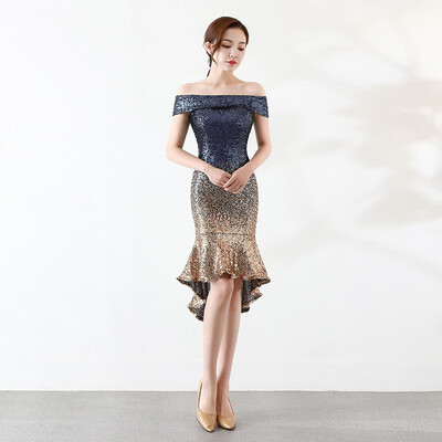 

Short Front Long Back Mermaid Evening Dress Fashion Boat Neck Gradient Color Sequin Long Party Dinner Evening Dress