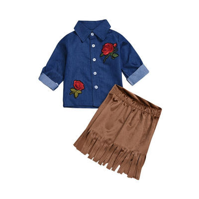 

Fashion Toddler Kids Baby Girls Embroidery Flower Denim TopsTassel Skirt 2PCS Outfits Clothes Set