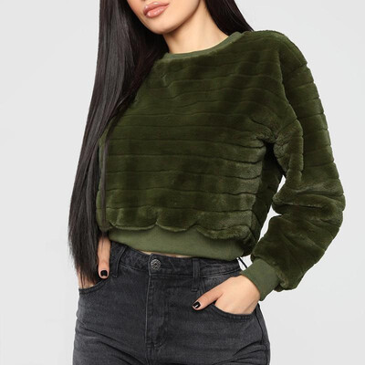 

Women Cropped Sweatshirt Faux Fur Long Sleeves Vintage Striped Pullovers Casual Tops Hoodies