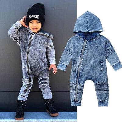 

Newborn Kid Baby Boy Girl Denim Hooded Romper Playsuit Pants Outfit Clothes 0-3T